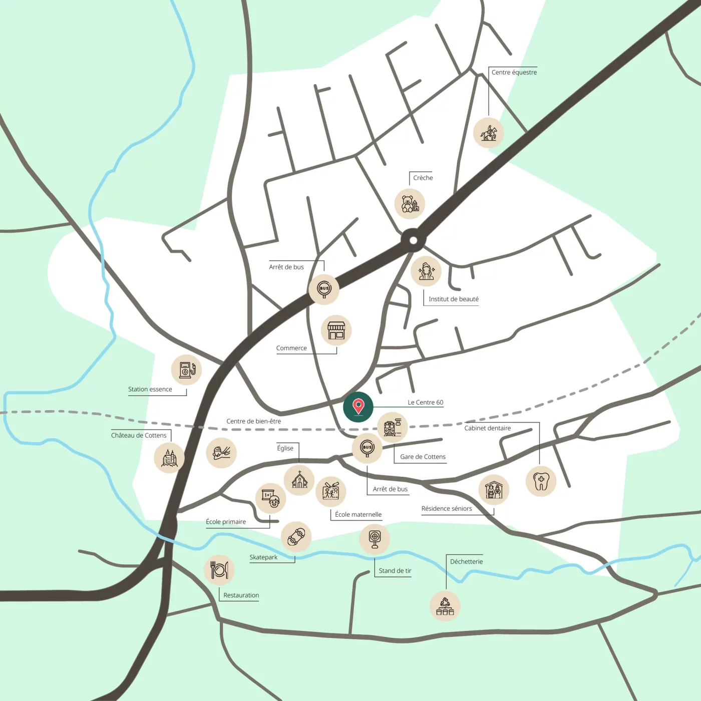 Plan de situation de la promotion avec les points d'intérêt du village de Cottens.