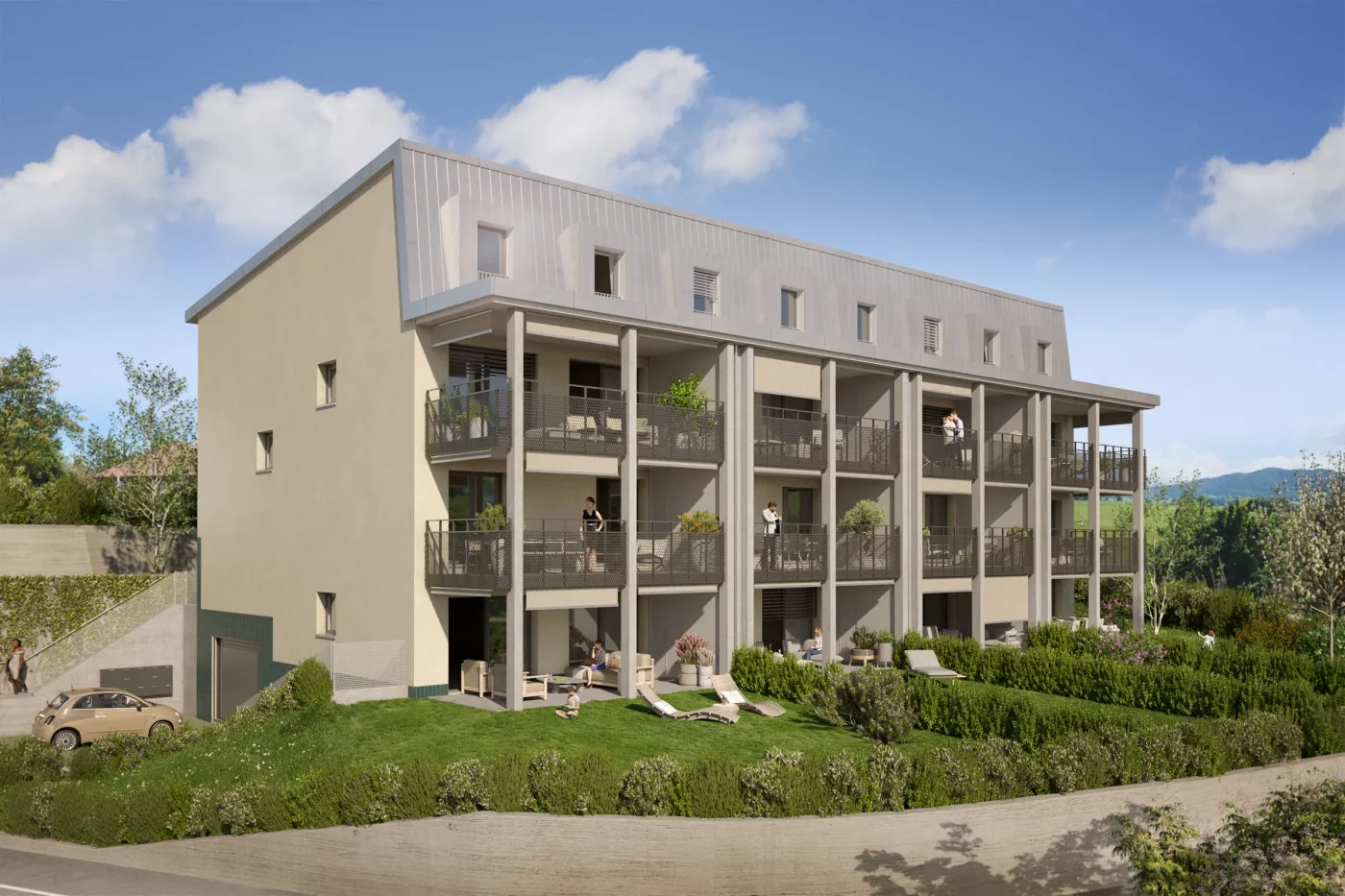 Le Centre 60 côté jardins, avec balcons et terrasses