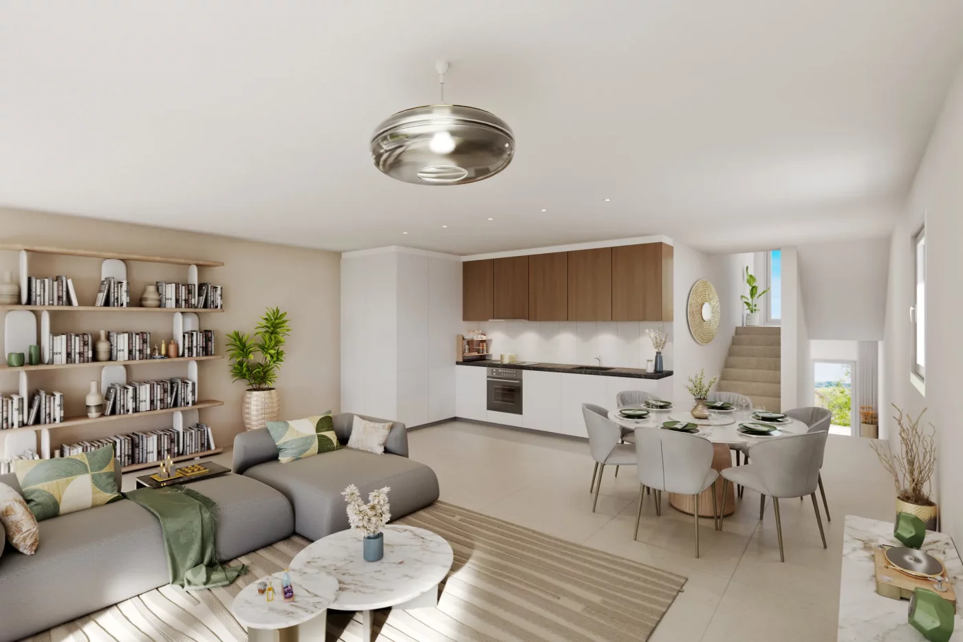 Séjour et cuisine ouverte d’un triplex